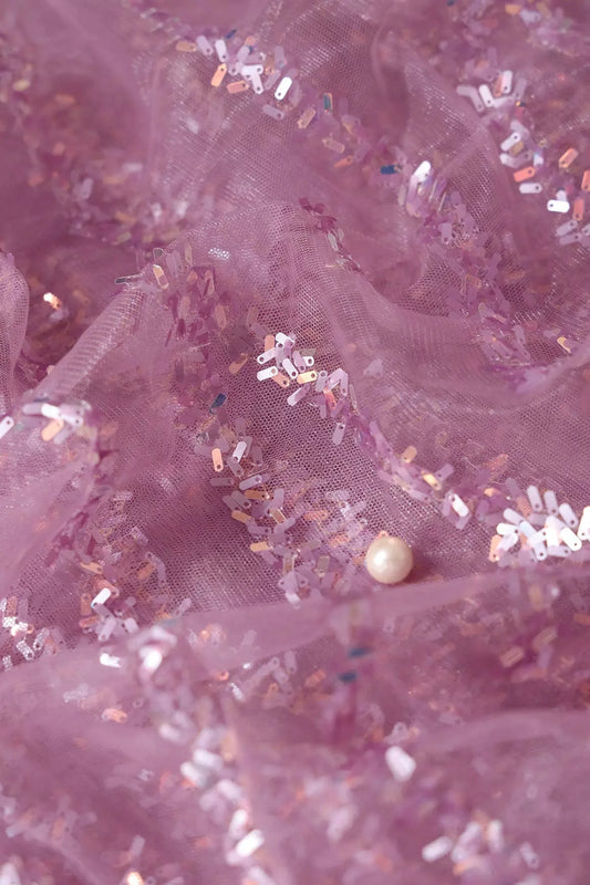 Oval Sequins Geometric Embroidery Work On Mauve Soft Net Fabric