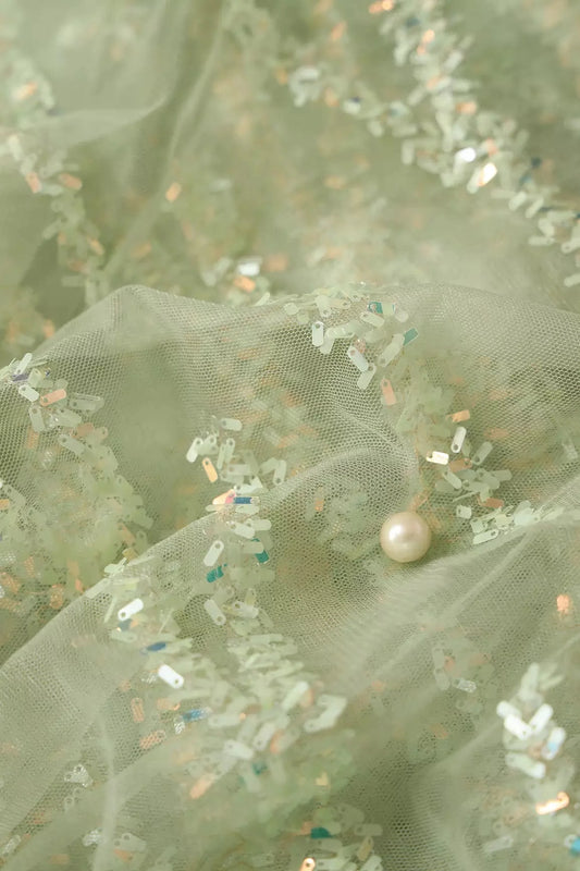 Oval Sequins Geometric Embroidery Work On Olive Soft Net Fabric