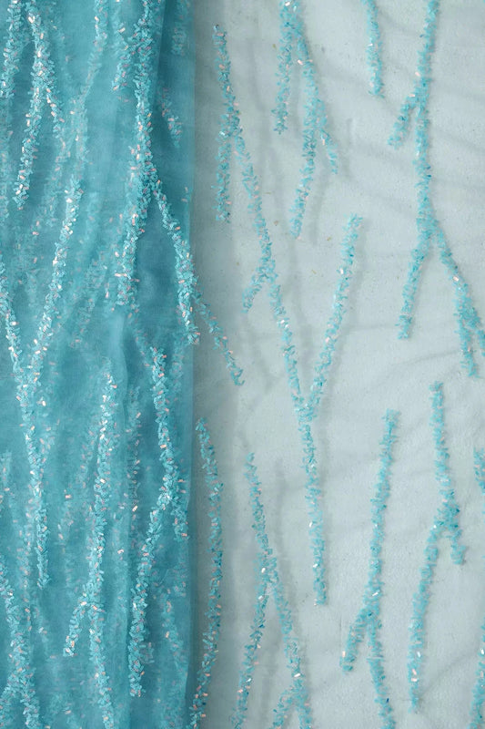 Oval Sequins Geometric Embroidery Work On Sky Blue Soft Net Fabric