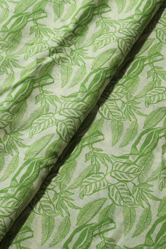 Parrot And Off White Leafy Digital Print On Poly Linen Fabric