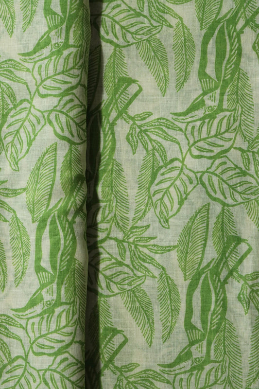 Parrot And Off White Leafy Digital Print On Poly Linen Fabric