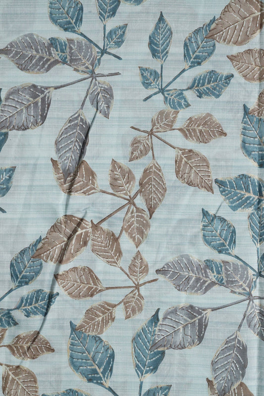 Pastel Blue And Brown Leafy Foil Print On Viscose Chanderi Silk Fabric