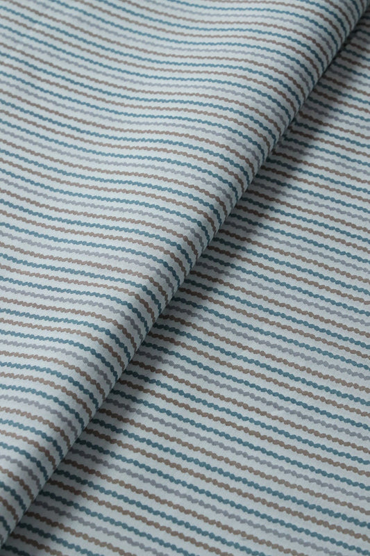 Pastel Blue And Brown Stripes Print On Viscose Chanderi Silk Fabric