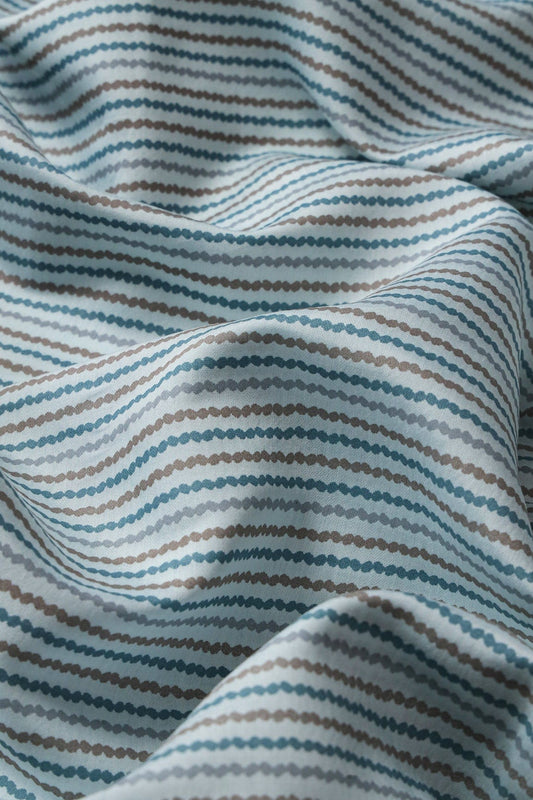 Pastel Blue And Brown Stripes Print On Viscose Chanderi Silk Fabric
