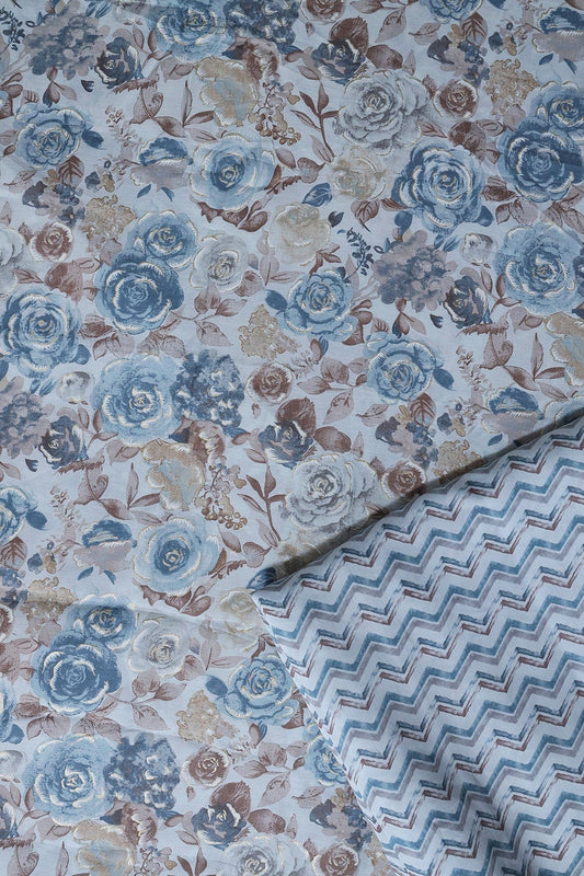 Pastel Blue And Brown Viscose Chanderi Silk Unstitched Suit (2 Piece)