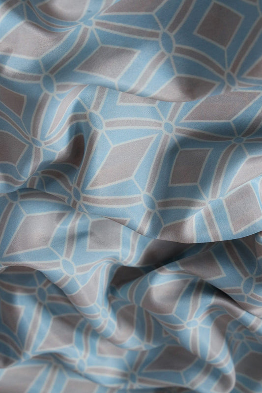 Pastel Blue And Light Grey Ikat Pattern Digital Print On French Crepe Fabric