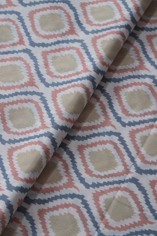 Pastel Peach And Olive Ikat Pattern Digital Print On French Crepe Fabric