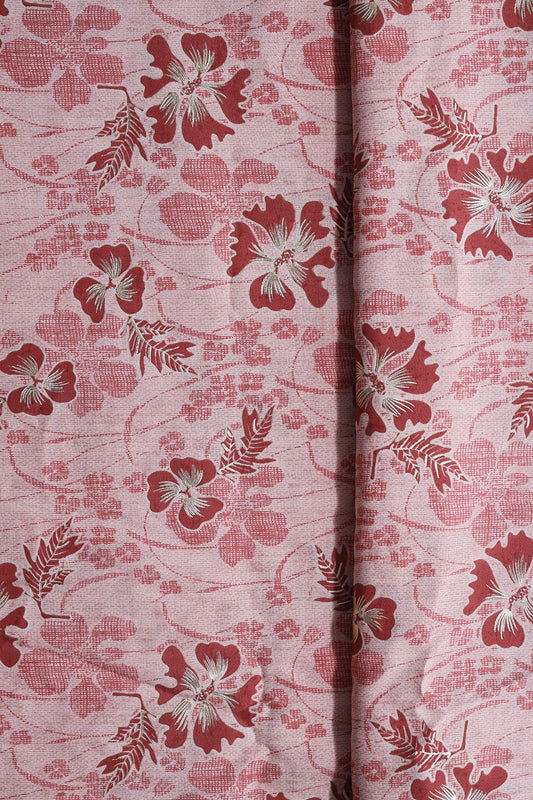 Pastel Pink And Brick Red Floral Foil Print On Viscose Chanderi Silk Fabric