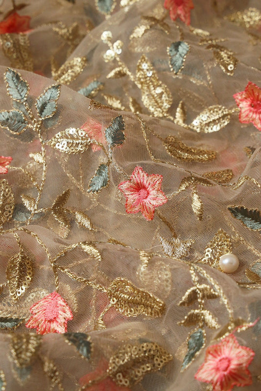 Peach And Beige Thread With Gold Sequins Floral Heavy Embroidery Work On Beige Soft Net Fabric