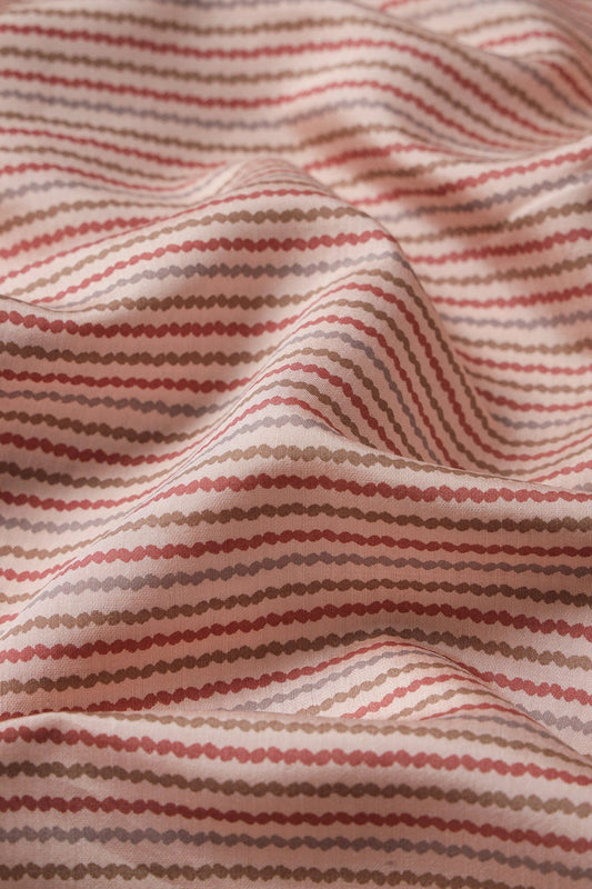 Peach And Brown Stripes Print On Viscose Chanderi Silk Fabric