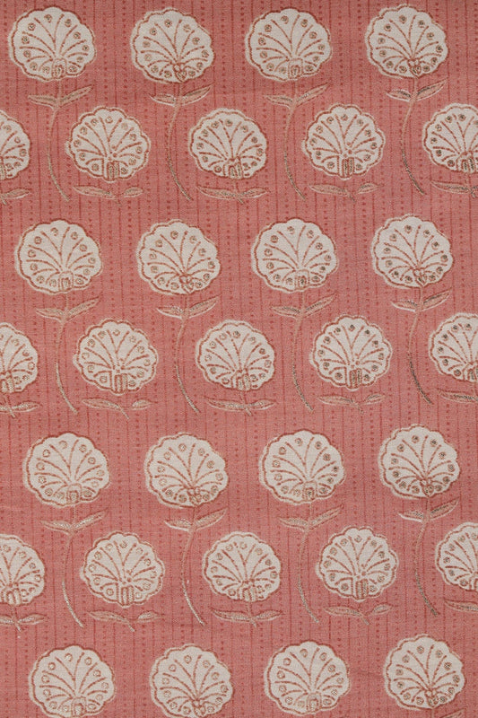 Peach And Cream Floral Foil Print On Viscose Chanderi Silk Fabric