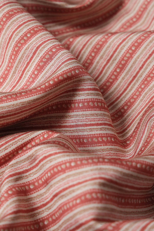 Peach And Cream Stripes Print On Viscose Chanderi Silk Fabric
