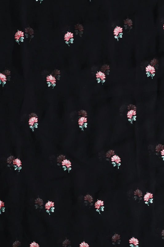 Peach And Green Small Floral Booti Embroidery On Black Georgette Fabric