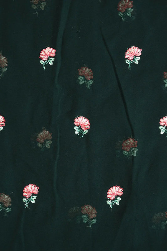 Peach And Green Small Floral Booti Embroidery On Dark Bottle Green Georgette Fabric