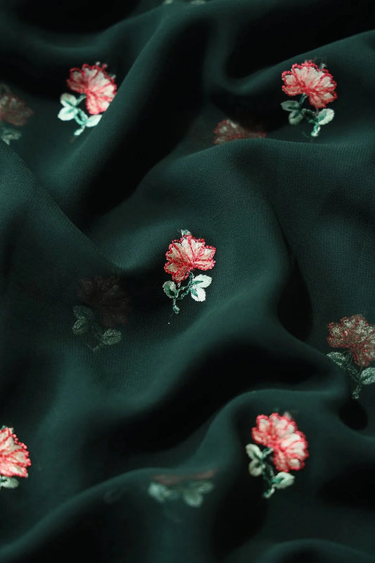 Peach And Green Small Floral Booti Embroidery On Dark Bottle Green Georgette Fabric