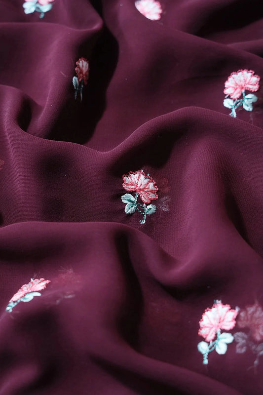 Peach And Green Small Floral Booti Embroidery On Wine Georgette Fabric