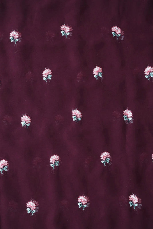Peach And Green Small Floral Booti Embroidery On Wine Georgette Fabric