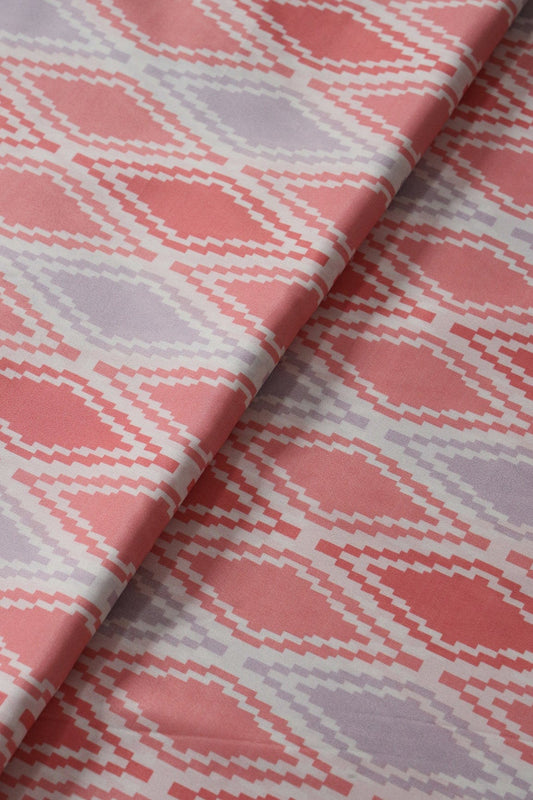 Peach And Light Lavender Ikat Pattern Digital Print On French Crepe Fabric