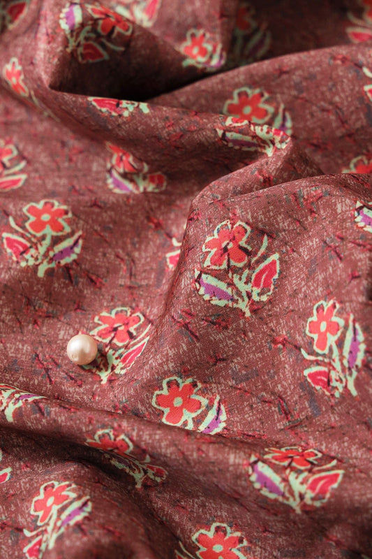 Peach And Pink Floral Pattern Digital Print On Brown French Crepe Fabric