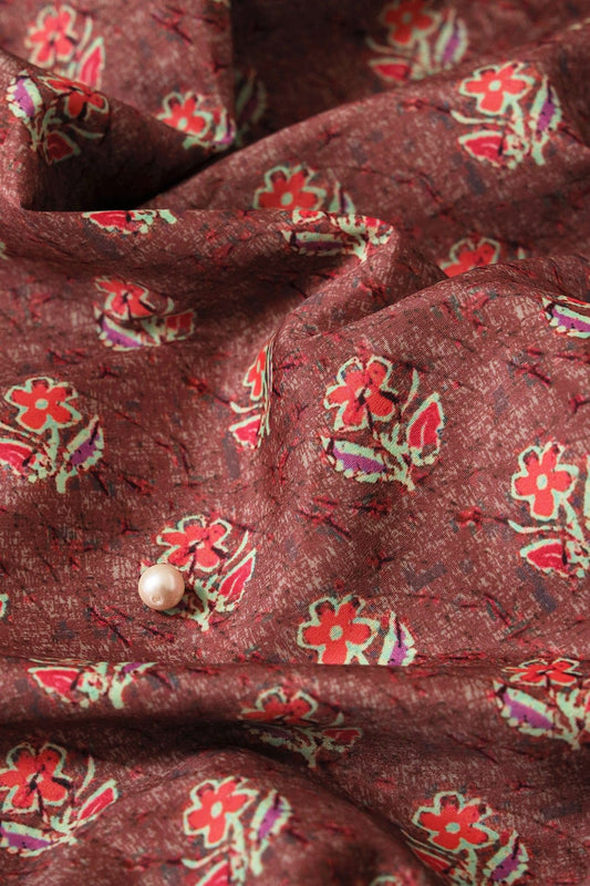 Peach And Pink Floral Pattern Digital Print On Brown French Crepe Fabric