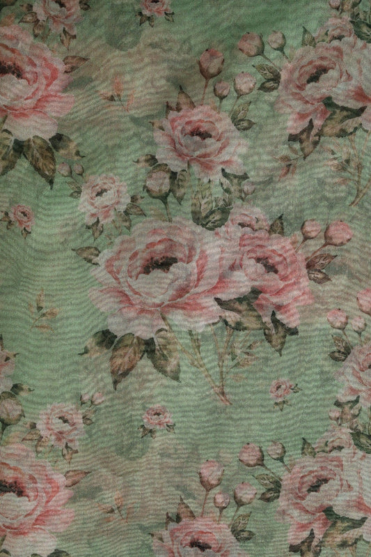 Peach Floral Digital Print On Parrot Green Organza Fabric