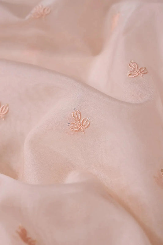 Peach Thread With Sequins Beautiful Small Leafy Embroidery Work On Peach Organza Fabric