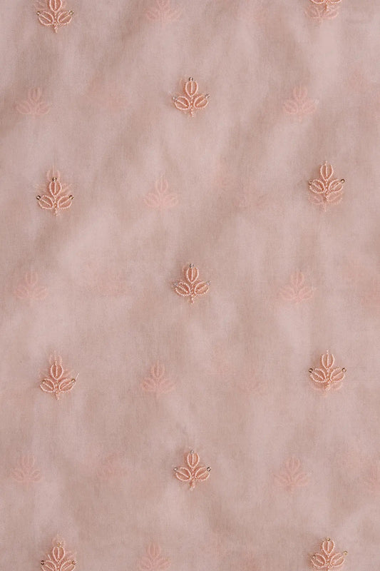 Peach Thread With Sequins Beautiful Small Leafy Embroidery Work On Peach Organza Fabric