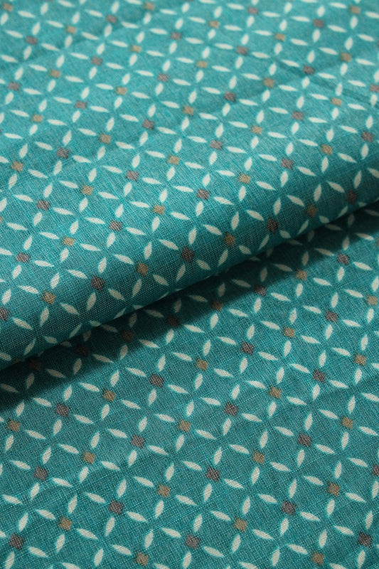 Persian Green And White Geometric Pattern On Pure Rayon Fabric