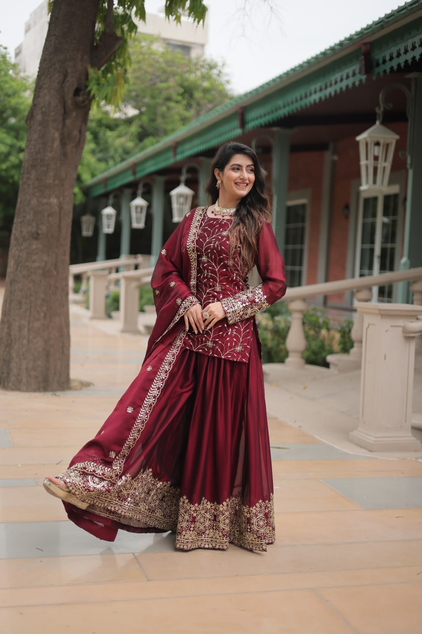 RANGOLI SILK SEQUENCE THREAD WORK KURTI ,PLAZOO & DUPATTA
