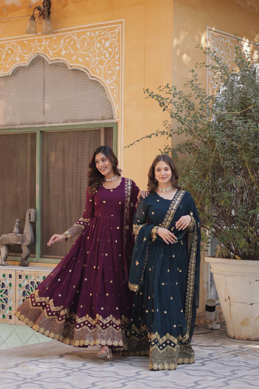 ELEGANT FAUX BLOOMING GEORGETTE EMBROIDERY GOWN