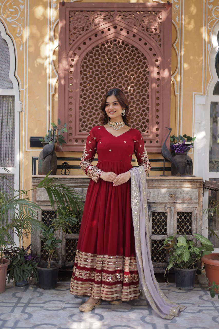 Refreshing Faux Georgette Sequins Embroidered work Gown