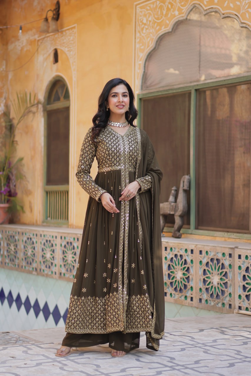 Ineffable  Faux Georgette With Embroidered Work Gown