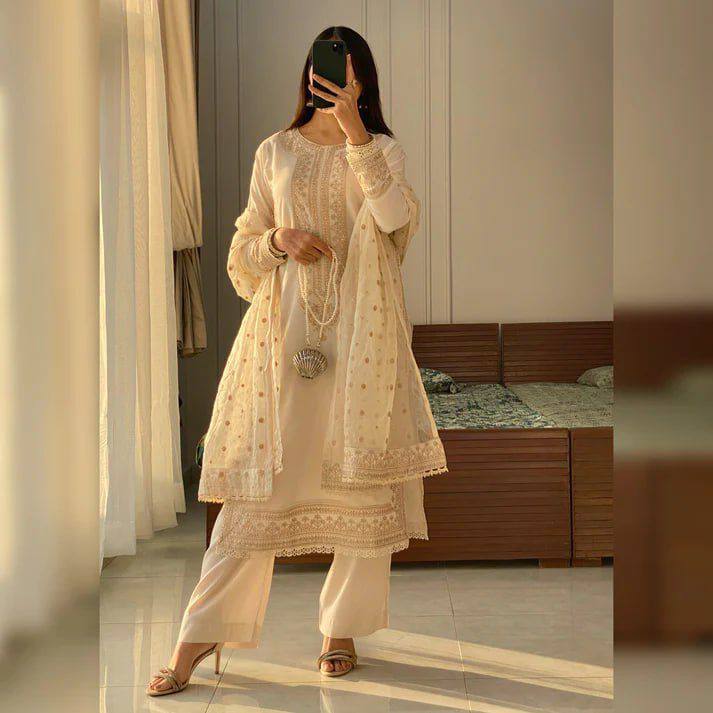 WHITE ROMAN SILK  SEQUENCE EMBROIDERY COTTON WORK SUIT SET