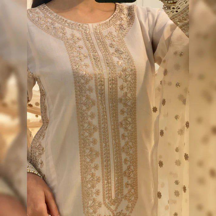 WHITE ROMAN SILK  SEQUENCE EMBROIDERY COTTON WORK SUIT SET