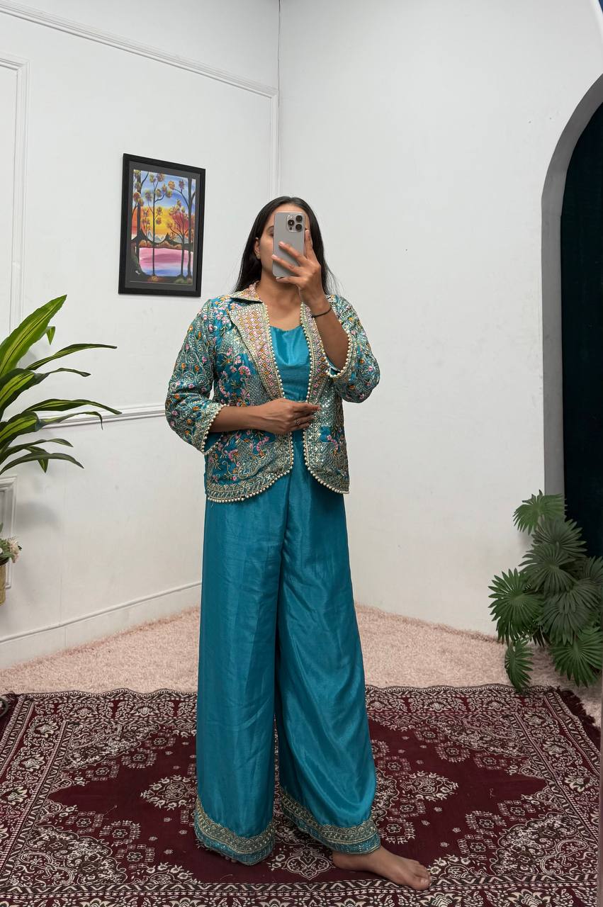 Trending Embroidered  Koti Blouse  With  Stitch Plazzo