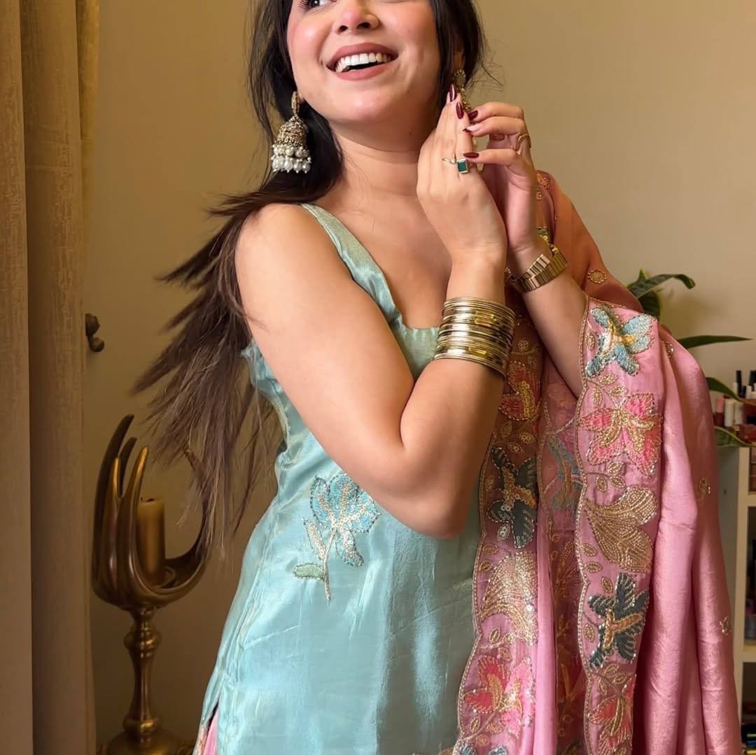 Blue And Bubble Pink Hand Embroidered Sharara Set