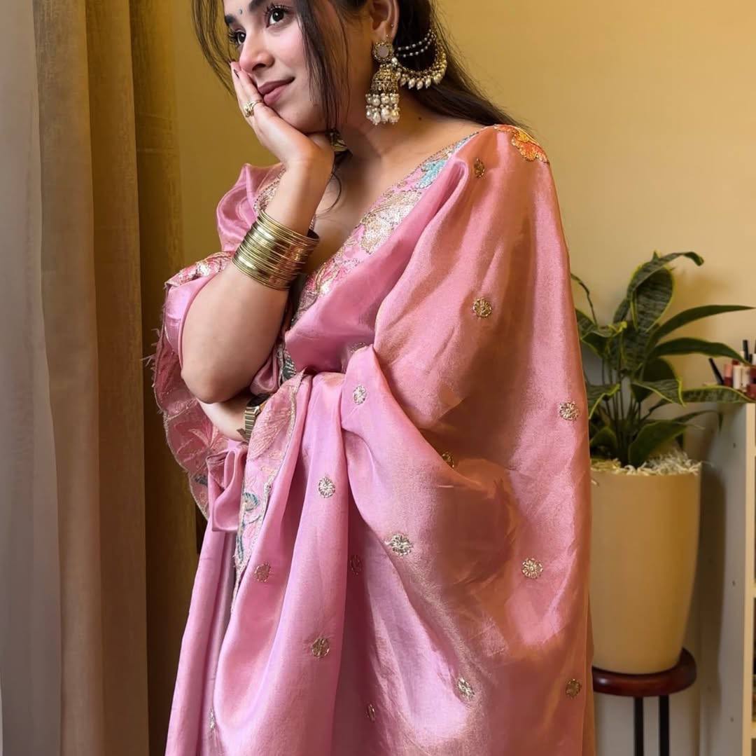 Blue And Bubble Pink Hand Embroidered Sharara Set