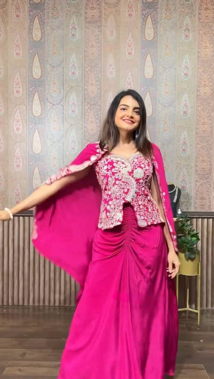 Citrus Pink Draped  Skirt with Embroidered  Koti