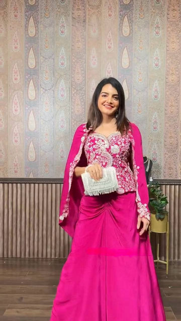 Citrus Pink Draped  Skirt with Embroidered  Koti