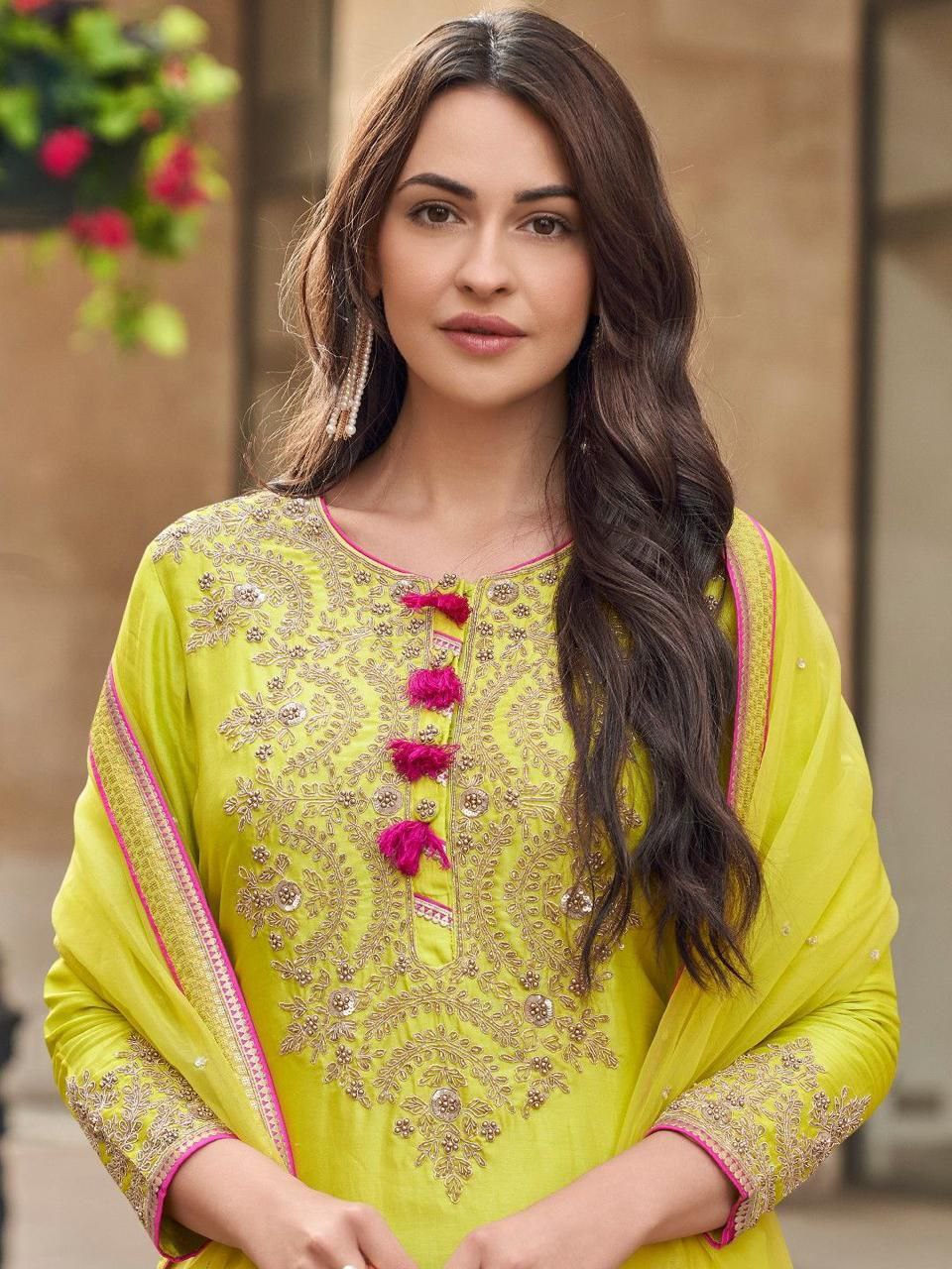 Ivory Mustard Yellow Embroidered Pallazo Set