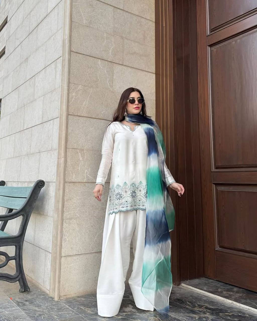 Twirl in elegance  Exclusive Farsi Salwar Suit In French  Crape Fabric Top, Pant And Green Dupatta