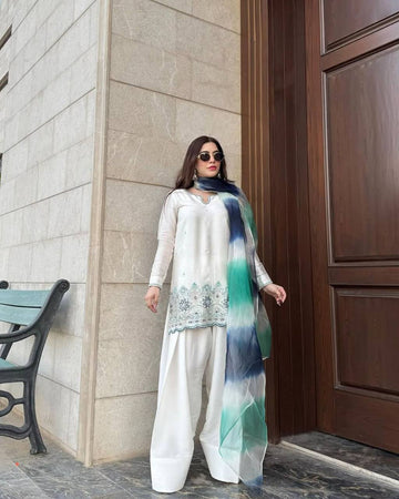 Twirl in elegance  Exclusive Farsi Salwar Suit In French  Crape Fabric Top, Pant And Green Dupatta