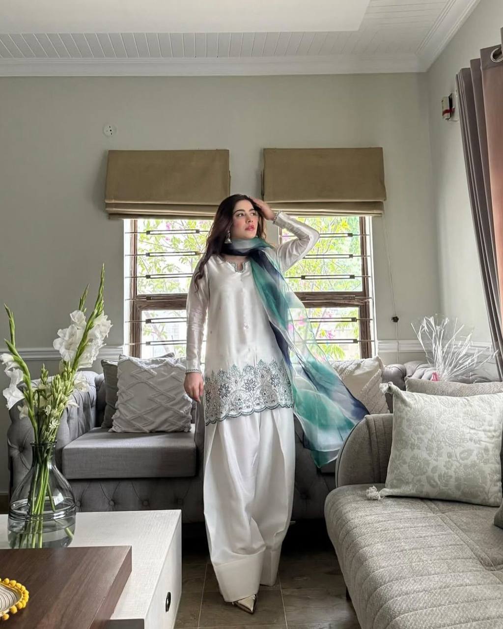 Twirl in elegance  Exclusive Farsi Salwar Suit In French  Crape Fabric Top, Pant And Green Dupatta