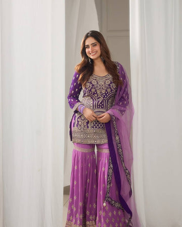 Royal Purple Embroidered Sharara Suit In Georgette With Dupatta