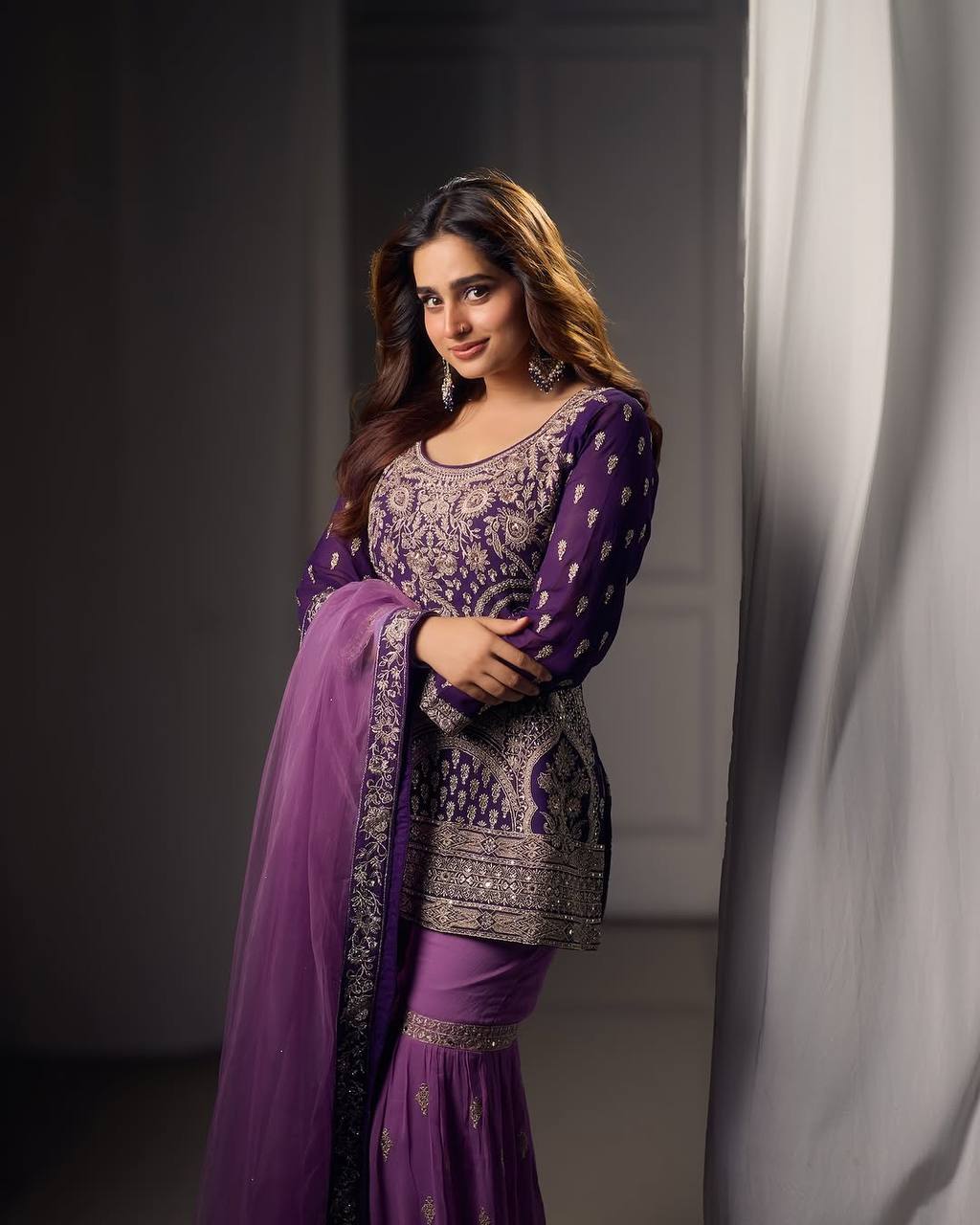 Royal Purple Embroidered Sharara Suit In Georgette With Dupatta