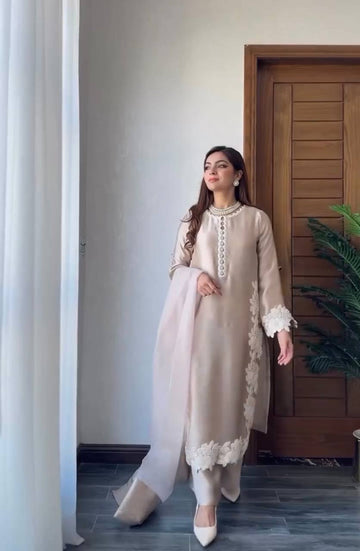 Stunning Ivory Top In Heavy Natural Silk With Plazzo & Dupatta