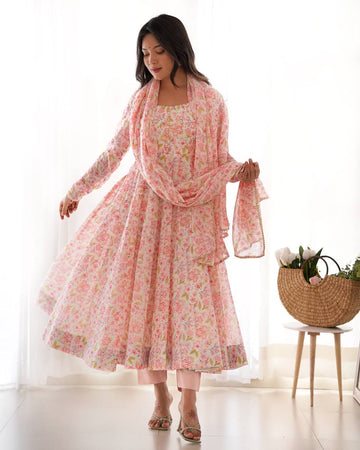 Beautiful Flower Designer Anarkali Suit With Dupatta & Pant