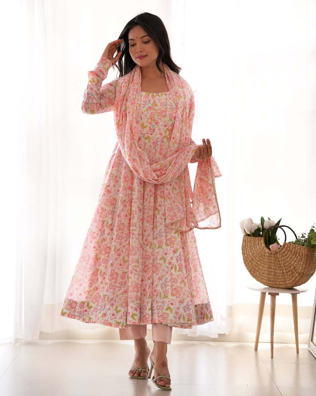 Beautiful Flower Designer Anarkali Suit With Dupatta & Pant
