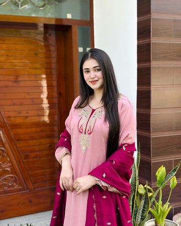 Rush pink Colour Top Pallazo & Dupatta Set