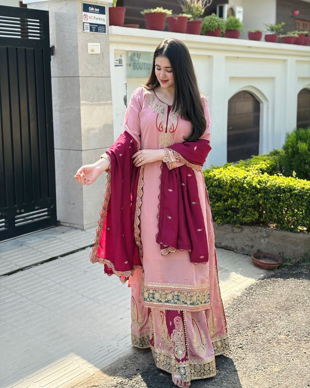 Rush pink Colour Top Pallazo & Dupatta Set